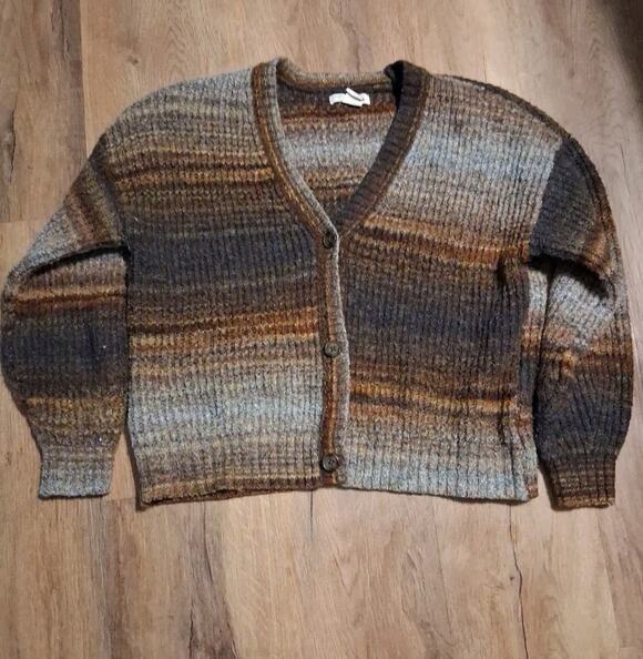 Christian Siriano Sweaters - Christian Siriano Womens Small Brown Striped Fuzzy Knit Cardigan Boho Earthy